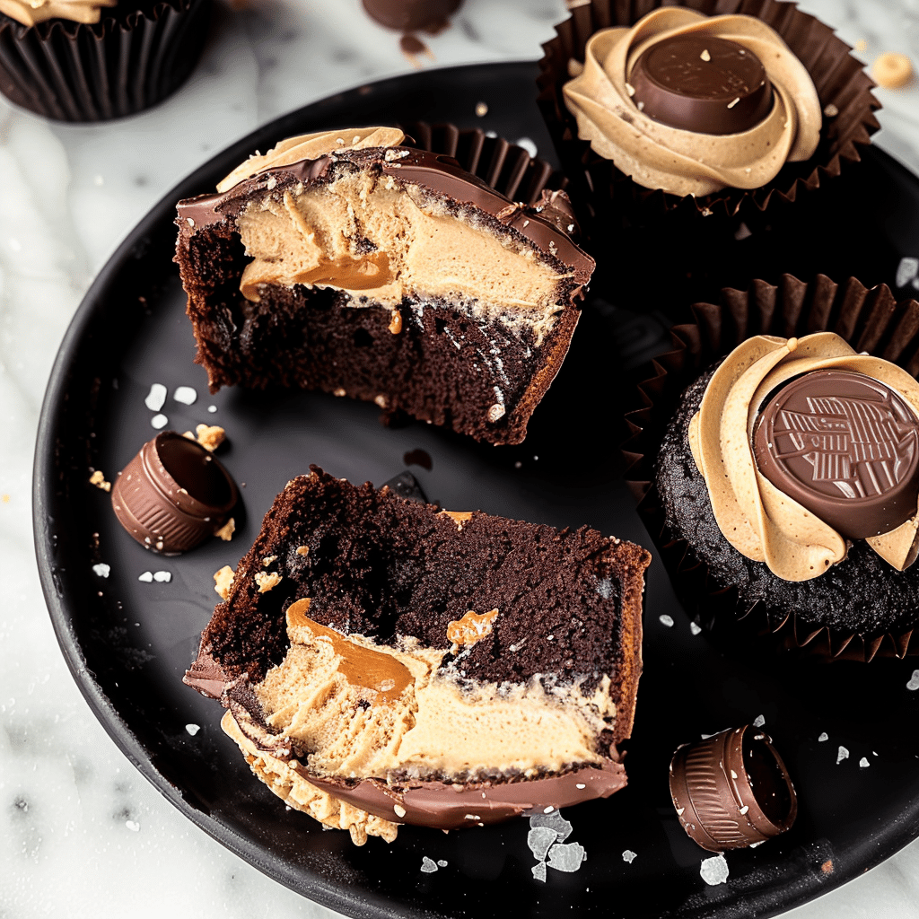 Reese’s PB Cup Cake Recipe 14 Reese’s PB Cup Cake sliced to reveal peanut butter filling and chocolate crumb