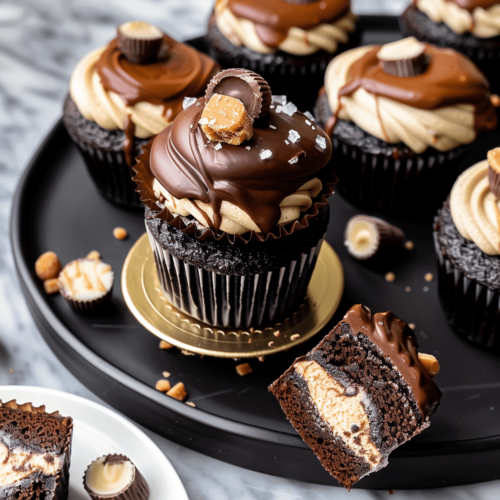 Reese’s PB Cup Cake topped with chopped peanut butter cups and flakey salt