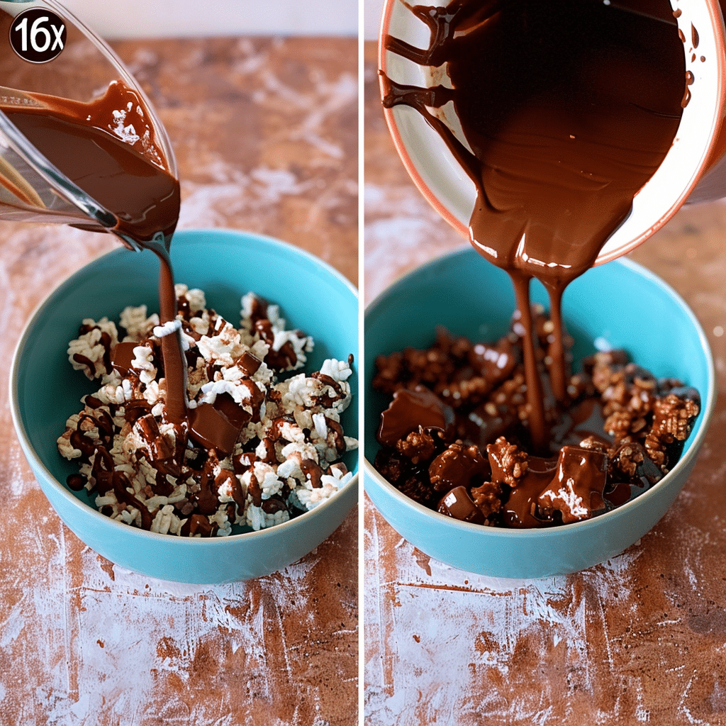 3-Ingredient rice chocolate Cakes - Easy, Crunchy, and Irresistible 13 rice chocolate cakes being mixed with chocolate and peanut butter