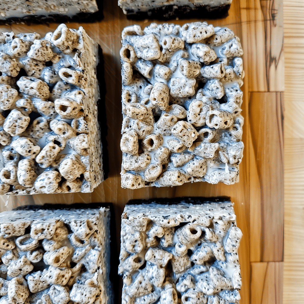 Black Sesame Rice Krispies 13 Unstacked Black Sesame Rice Krispies treats cut and cooling