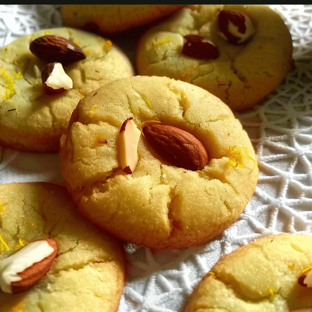 Saffron almond cookies styled on rustic plate