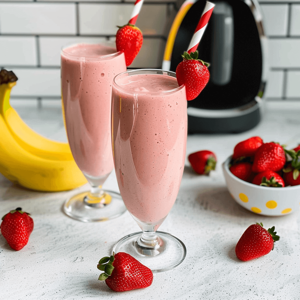 Banana And Strawberry Smoothie Without Milk 15 Two glasses of banana and strawberry smoothie without milk, surrounded by fruit