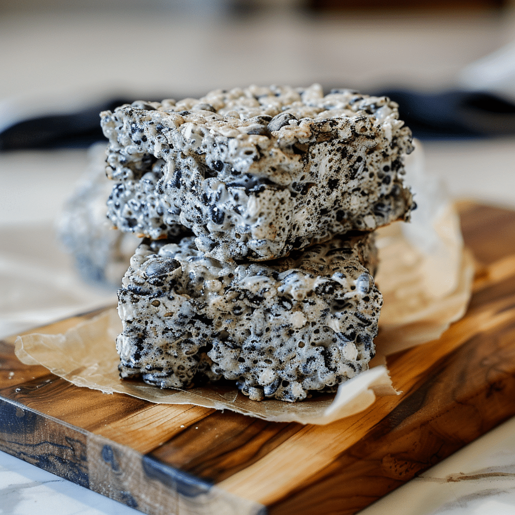 Black Sesame Rice Krispies 15 Stack of Black Sesame Rice Krispies bars on a wooden board