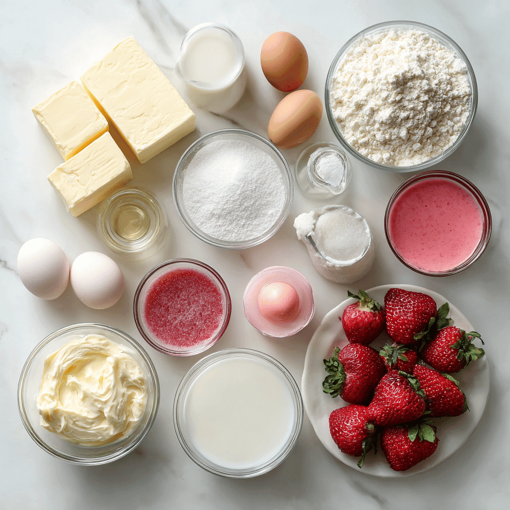 How to Make the Perfect Strawberries and Cream Cheesecake Cake 12 strawberries and cream cheesecake cake recipe ingredients flat lay on white surface