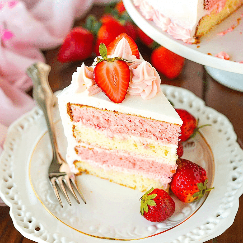 How to Make the Perfect Strawberries and Cream Cheesecake Cake 13 strawberries and cream cheesecake cake recipe sliced on a white plate with garnish
