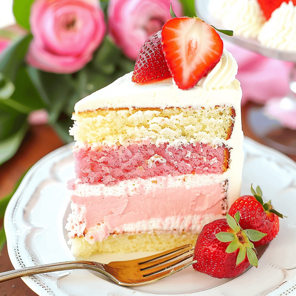 strawberries and cream cheesecake cake recipe decorated with piped frosting and fresh berries