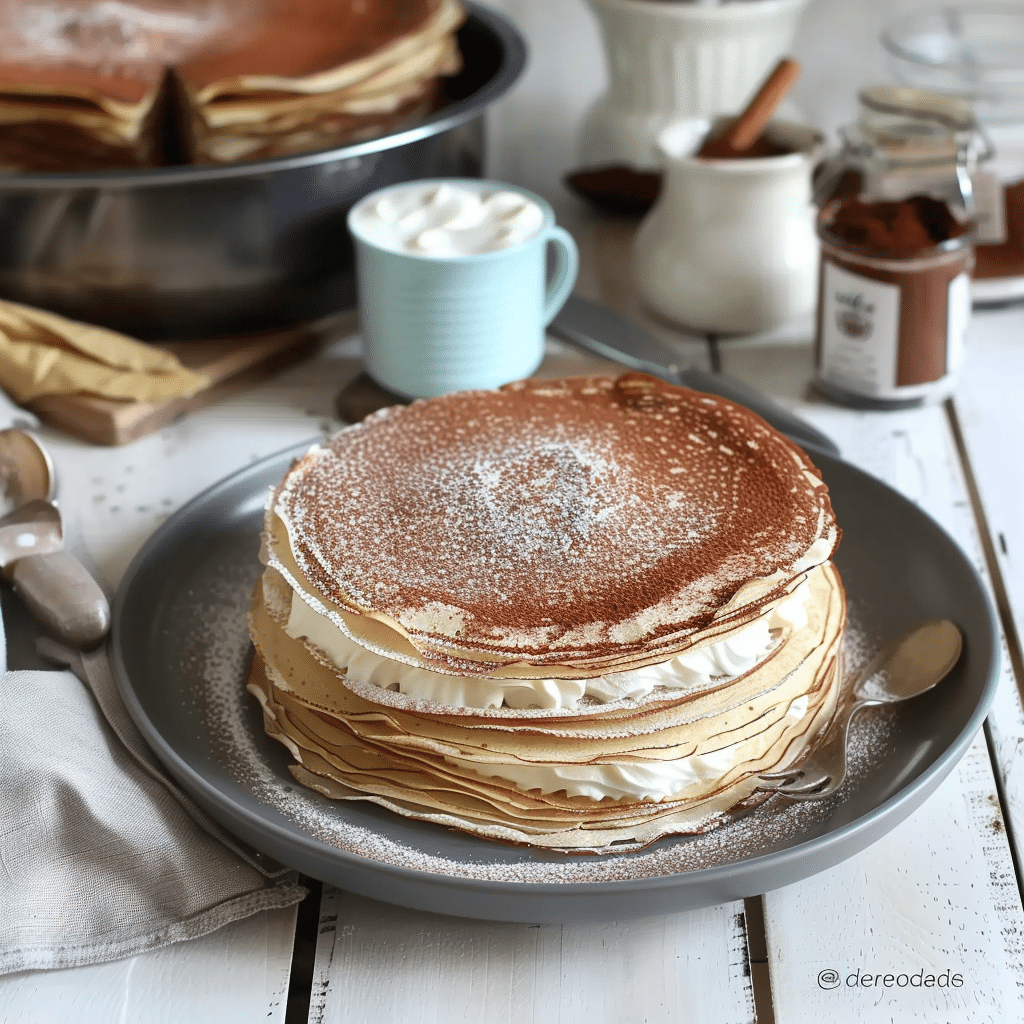 The Best Tiramisu Crepe Cake Recipe (Easy and Delicious) 10 tiramisu crepe cake stacked before decoration