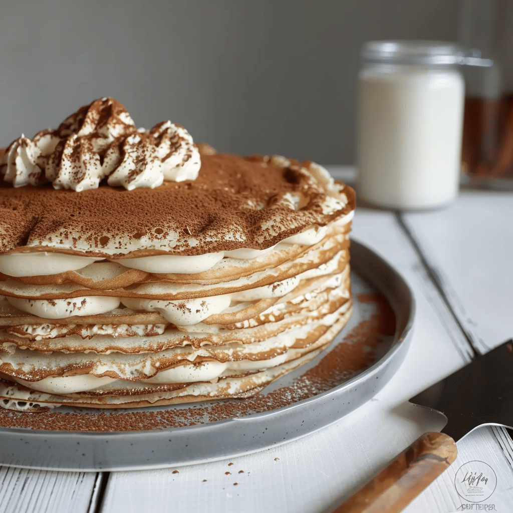 The Best Tiramisu Crepe Cake Recipe (Easy and Delicious) 12 tiramisu crepe cake whole on dessert table