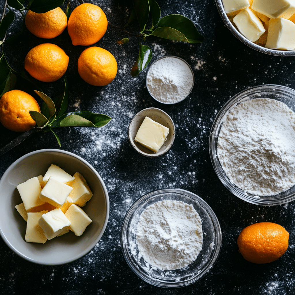 How to Make Yuzu Shortbread Cookies Everyone Raves About 10 yuzu shortbread cookie ingredients arranged on counter
