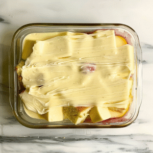 Vanilla pudding layer spread over cake and cherry base
