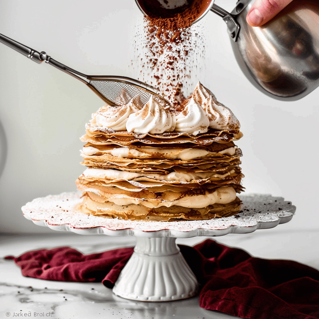 Crepe Cake Tiramisu You’ll Make Again And Again 14 Dusting cocoa powder on a stacked Crepe Cake Tiramisu
