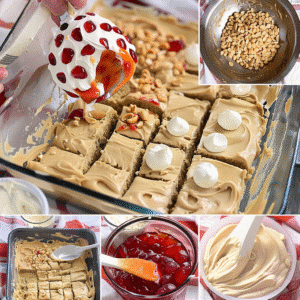 Peanut butter jelly poke cake in pan with peanut butter, jelly, and whipped topping