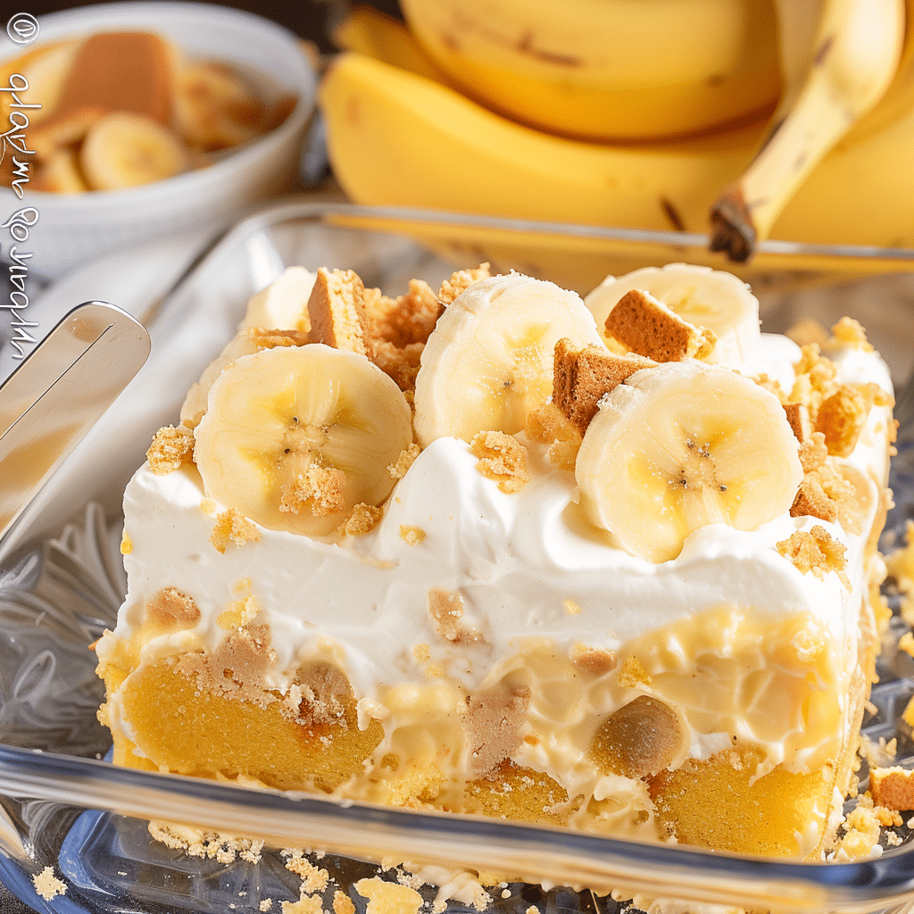 Banana Pudding Poke Cake Recipe Made Easy 17 Banana pudding poke cake topped with fresh bananas in pan