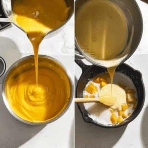 Blended mango puree being processed in a blender