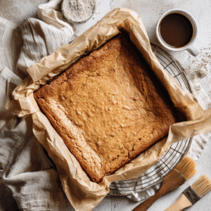 Freshly baked tiramisu blondie base in parchment-lined pan