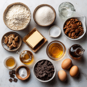 Ingredients for Bourbon Pecan Pie Chocolate including pecans, chocolate, flour, eggs, and butter