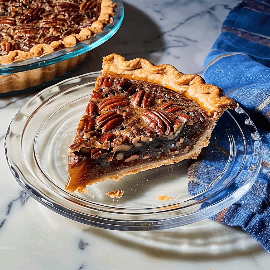 Slice of Bourbon Pecan Pie Chocolate on a glass plate