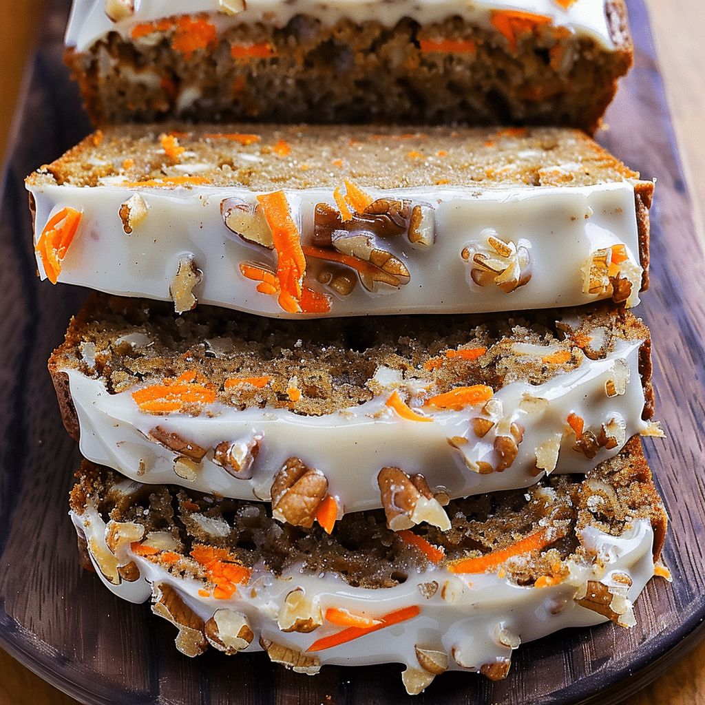 Stack of carrot cake banana bread slices with cream cheese frosting and chopped nuts