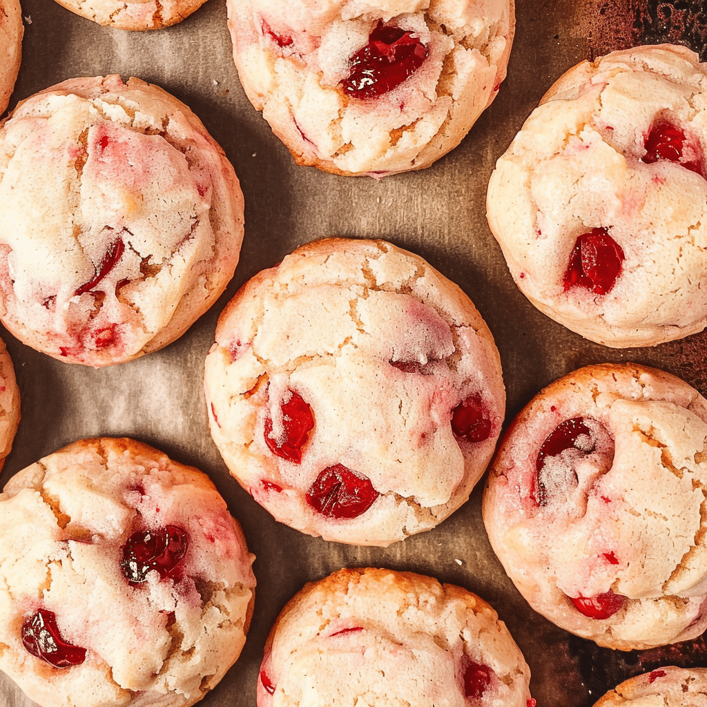 Baked cherry cookies arranged on parchment paper