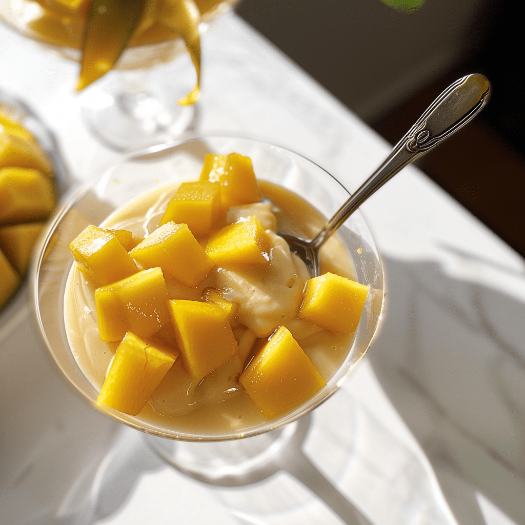 Mango pudding recipe topped with fresh mango cubes in a dessert glass