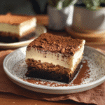 Chocolate Brownie Tiramisu 11 Slice of Chocolate Brownie Tiramisu dusted with cocoa powder on a plate