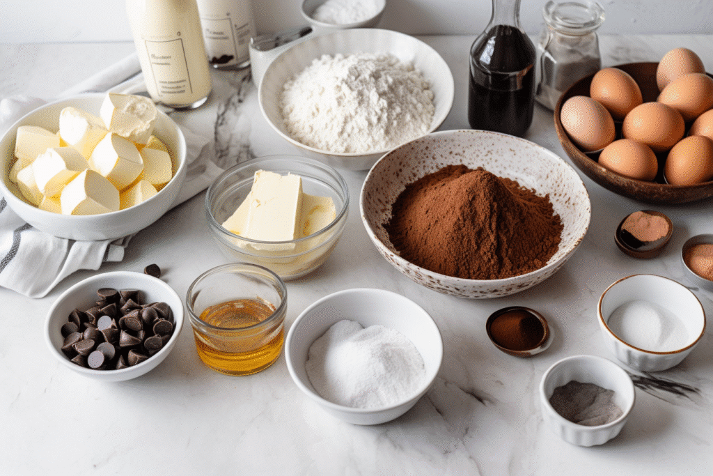 Chocolate Brownie Tiramisu 12 Ingredients for Chocolate Brownie Tiramisu including cocoa, butter, flour, eggs, and mascarpone