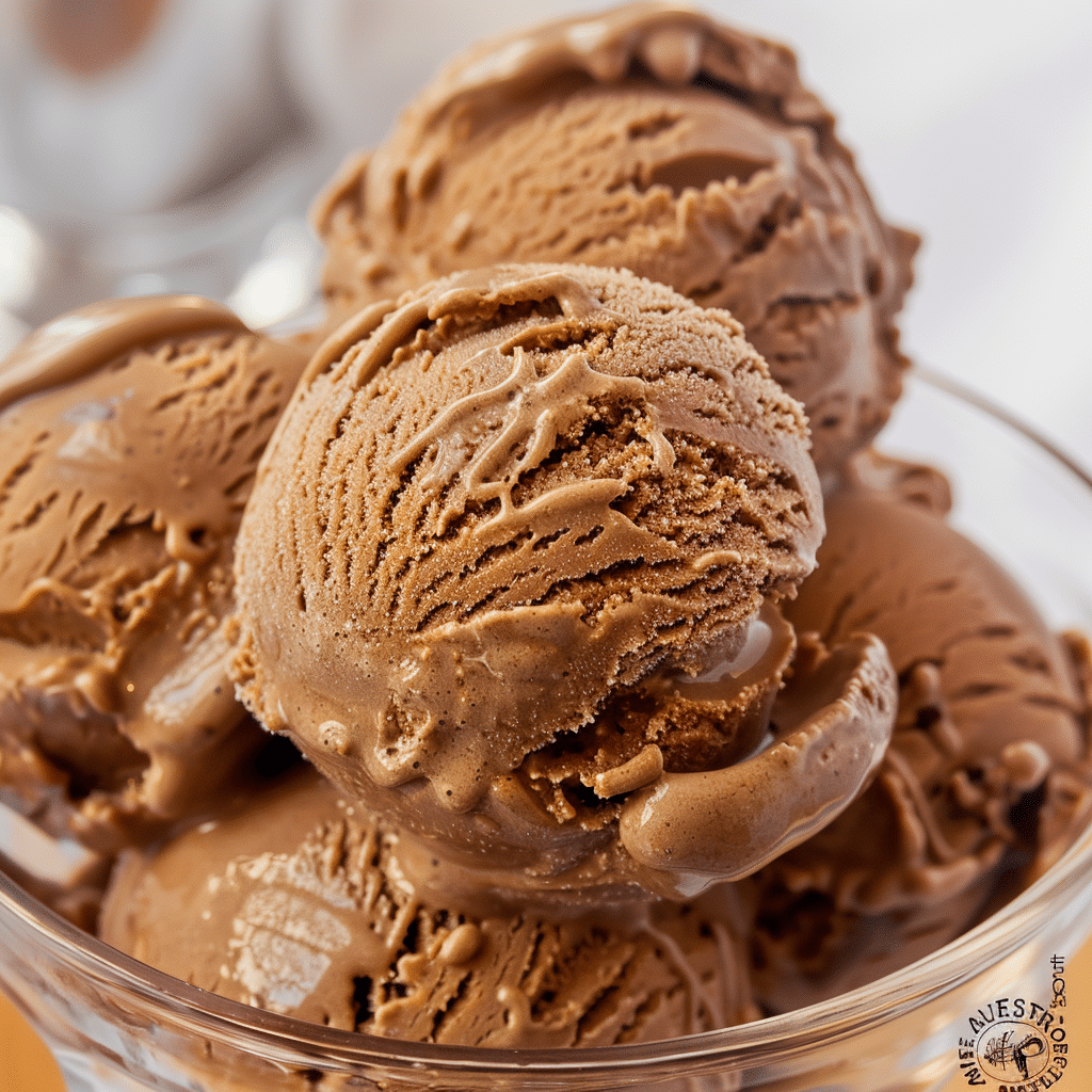 Ice Cream Chocolate Vanilla and Strawberry Magic 16 Scoops of chocolate ice cream in a glass bowl