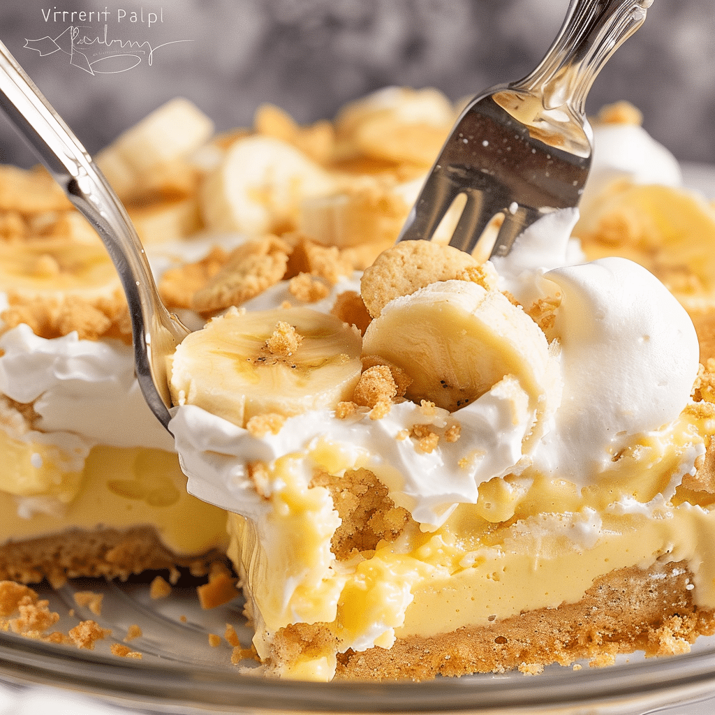Banana Pudding Poke Cake Recipe Made Easy 18 Fork taking bite of banana poke cake from plate