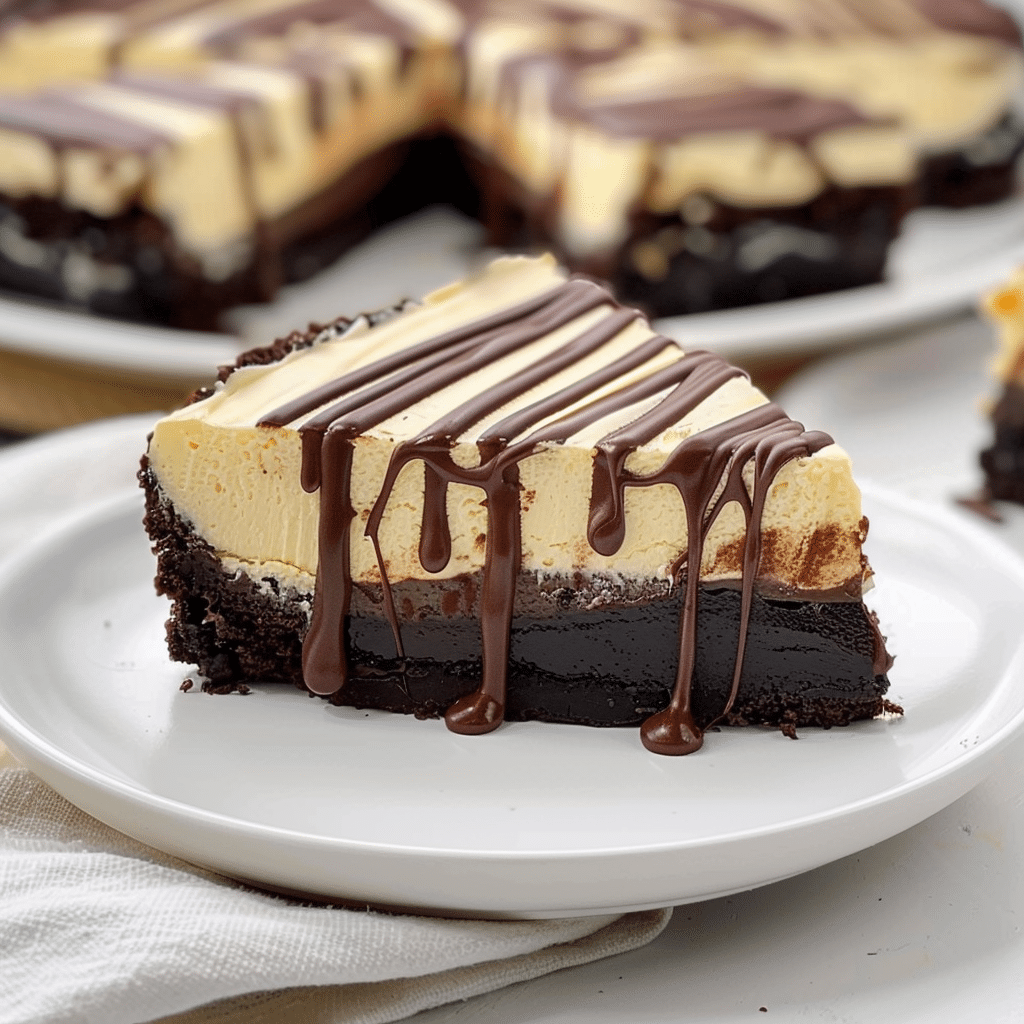 Close-up of Cheesecake and Brownie Cake with thick ganache drizzle
