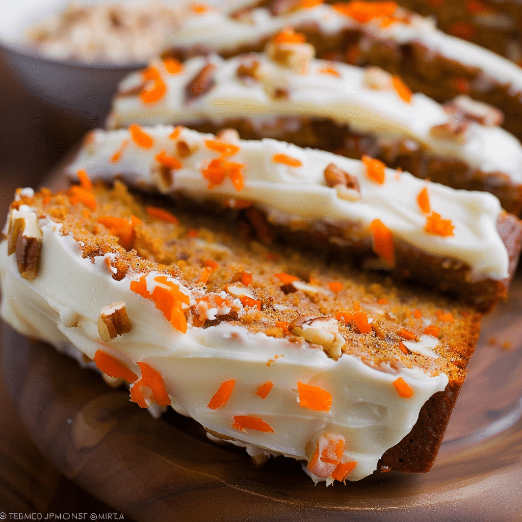 Carrot Cake Banana Bread Made Extra Moist 16 Close-up of sliced carrot cake banana bread with frosting and carrot pieces