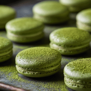 Close-up of matcha tea macarons showing smooth shells and creamy filling