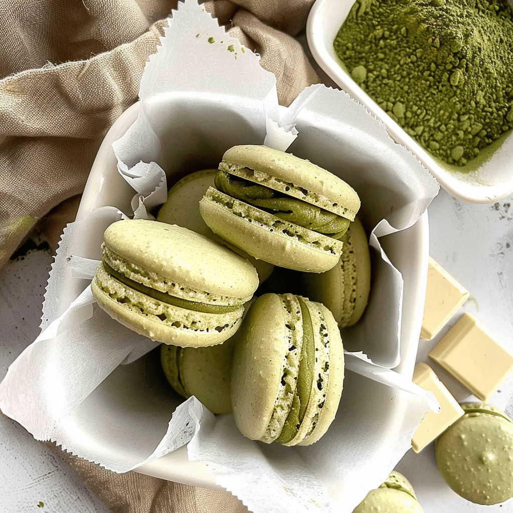 Matcha Tea Macarons You’ll Love to Bake And Share 16 Close-up of matcha macarons stacked in a white basket