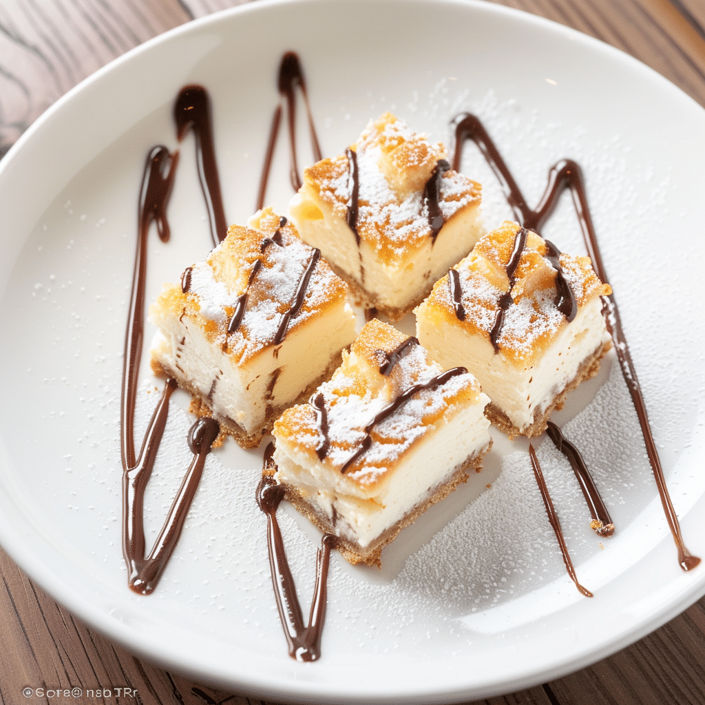 Tempura Cheesecake: The Sweet Surprise You’ll Love 15 Cubes of tempura cheesecake arranged over swirled chocolate