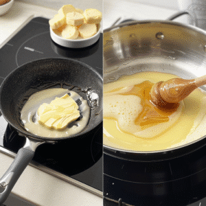 Butter melting in a pan with sliced bananas and wooden spoon