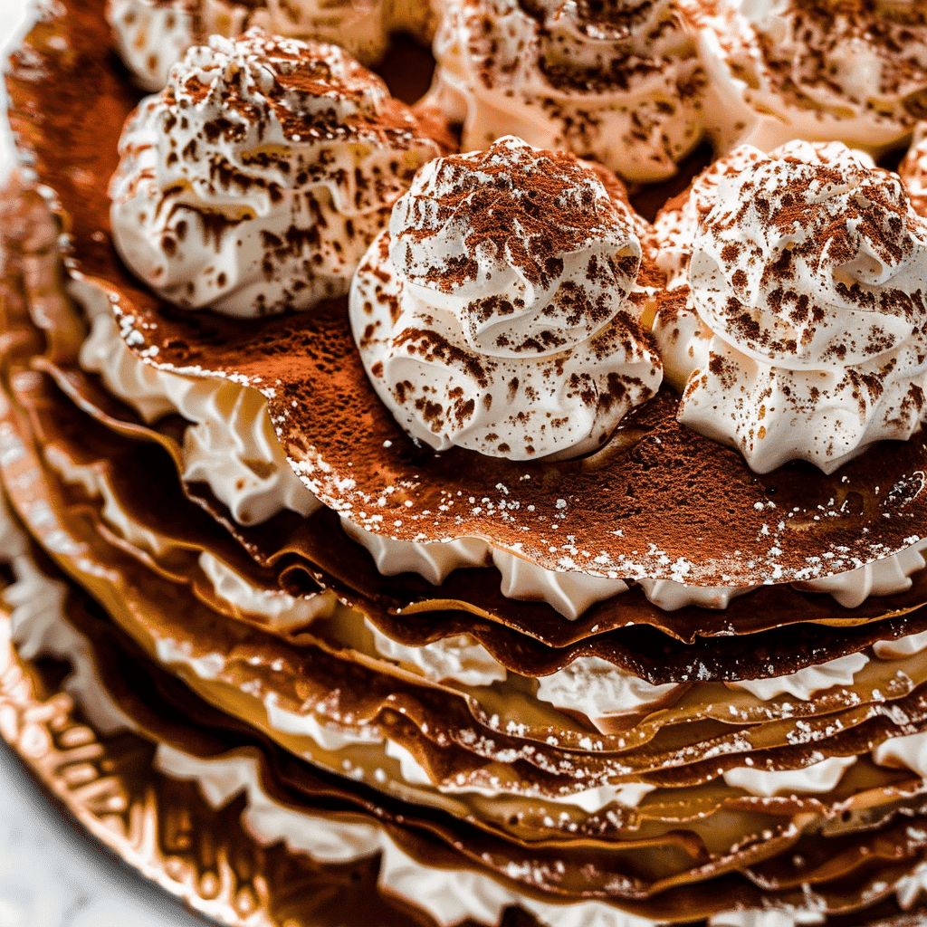 Crepe Cake Tiramisu You’ll Make Again And Again 15 Close-up of Crepe Cake Tiramisu layers and mascarpone cream