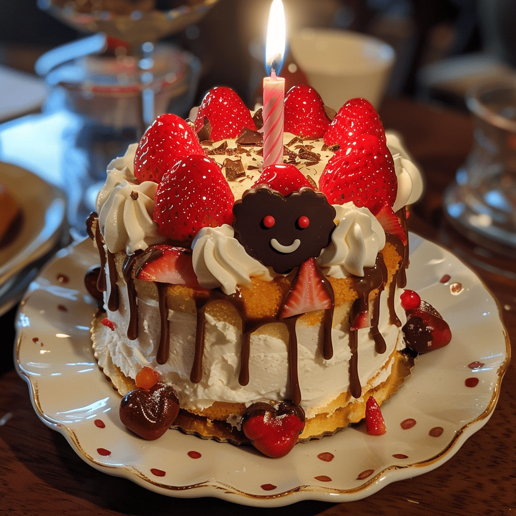 Jellycat Cake to Make Your Guests Smile 17 Jellycat-themed cake slice with candle, strawberries, and whipped cream