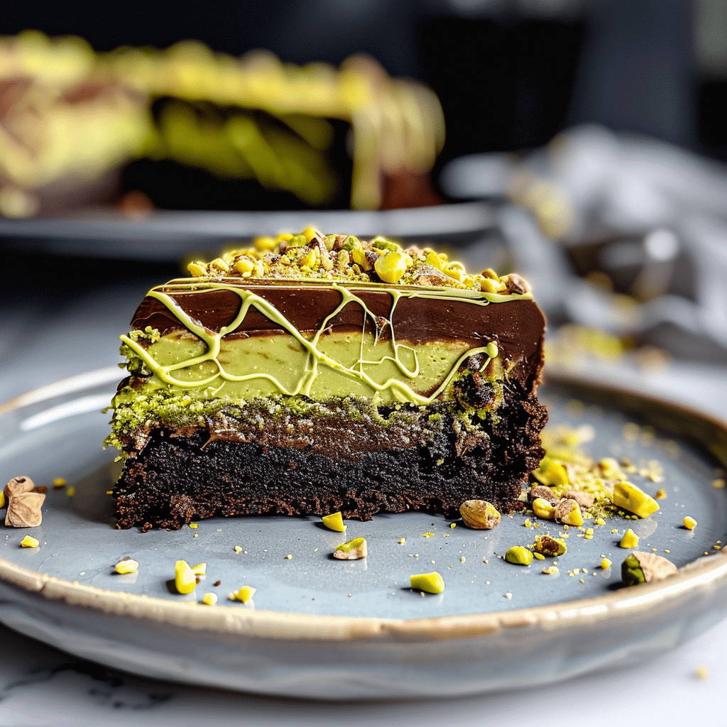 Dubai Chocolate Cake That Tastes Like Luxury 18 Close-up of cake slice with ganache, pistachio, and decorative drizzle