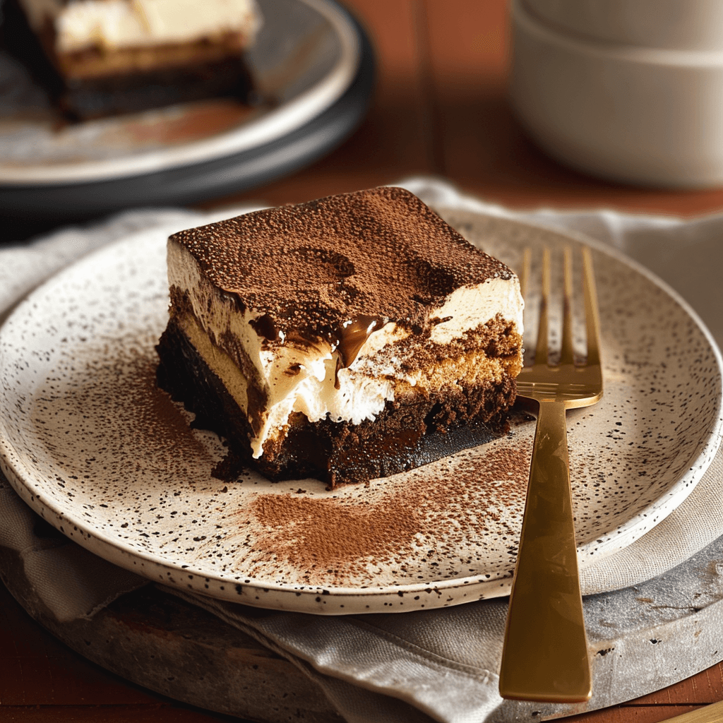 Chocolate Brownie Tiramisu 14 Partially eaten Chocolate Brownie Tiramisu on a plate with a gold fork