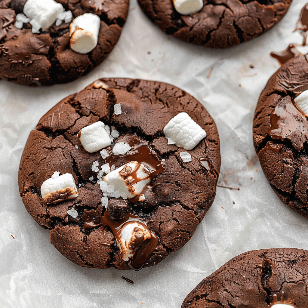 Close-up of chocolate cookie with marshmallows on parchment