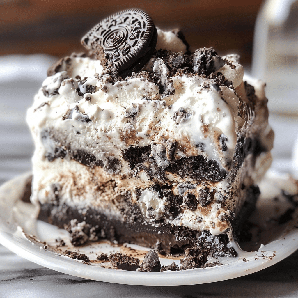 Close-up of Oreo and cake ice cream slice with crushed cookies on top