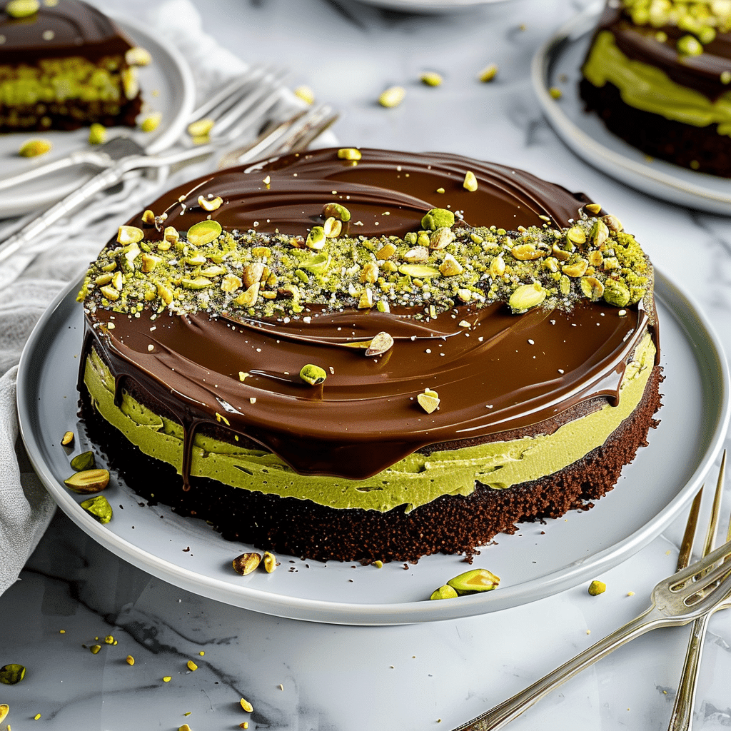 Dubai chocolate cake topped with glossy ganache and chopped pistachios