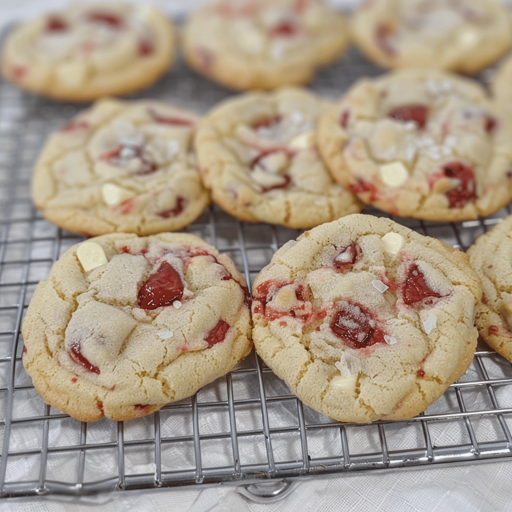 Strawberry Lemon Cookies Recipe You’ll Love 5 Close-up of baked strawberry lemon cookies on rack