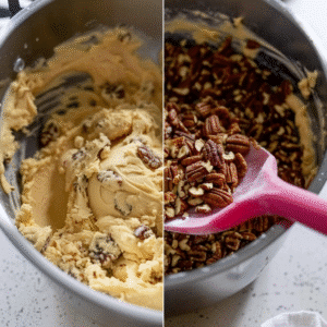 Mixing chopped dates and nuts into cookie dough