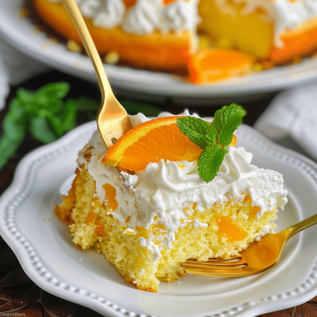 Mandarin Orange Cake Recipe You’ll Love 14 Fork slicing into a fluffy Mandarin Orange Cake Recipe piece