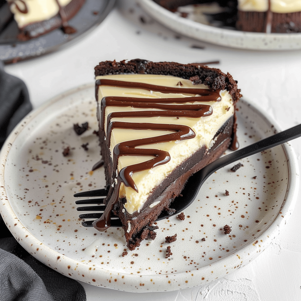 Cheesecake and Brownie Cake So Good It’s Addictive 10 Fork cutting into layered Cheesecake and Brownie Cake