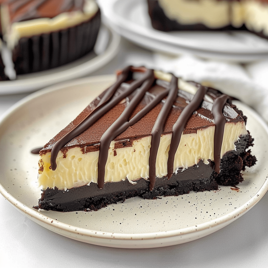 Cheesecake and Brownie Cake So Good It’s Addictive 11 Ganache-covered Cheesecake and Brownie Cake on a white plate
