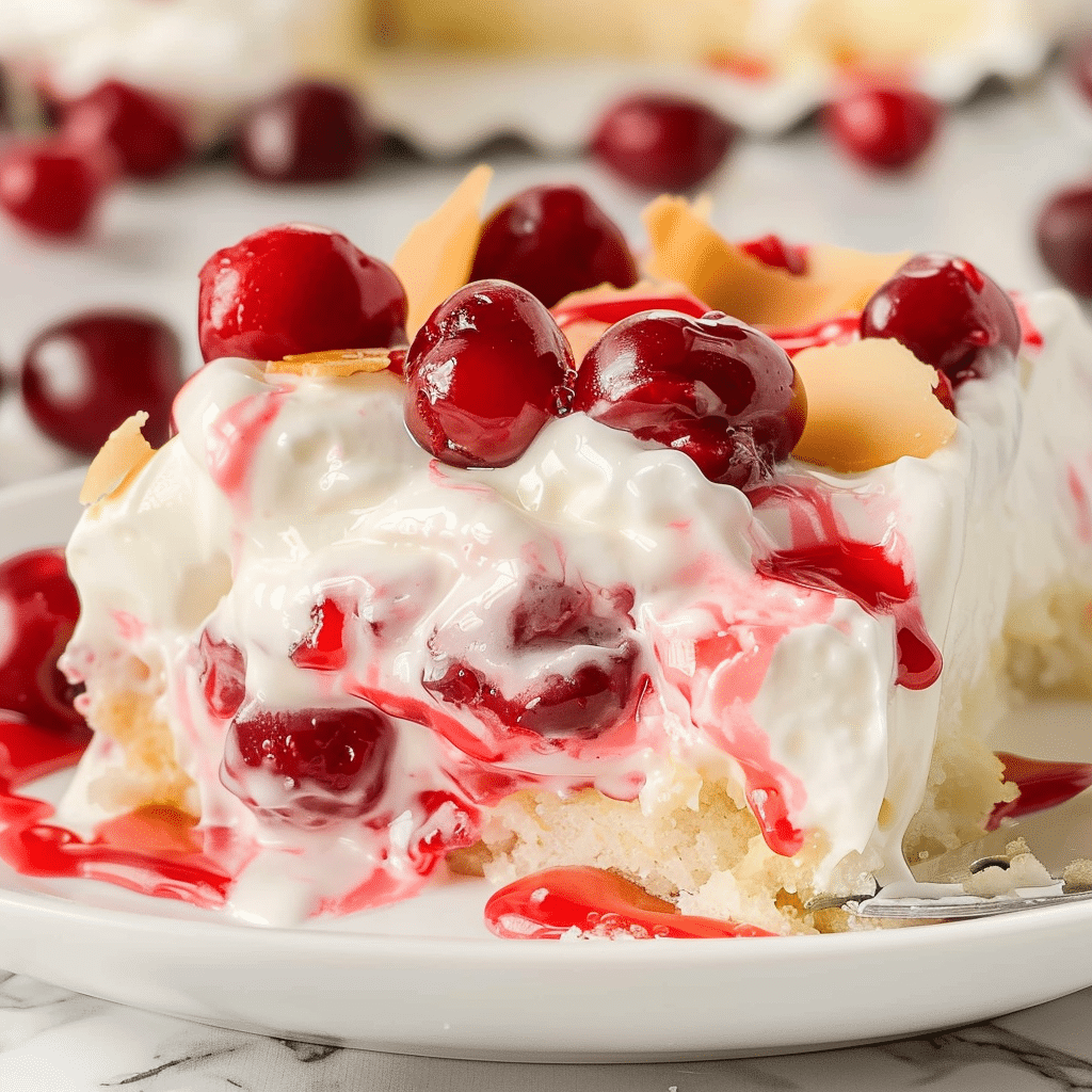 Heaven on Earth Cake slice with whipped cream and cherries