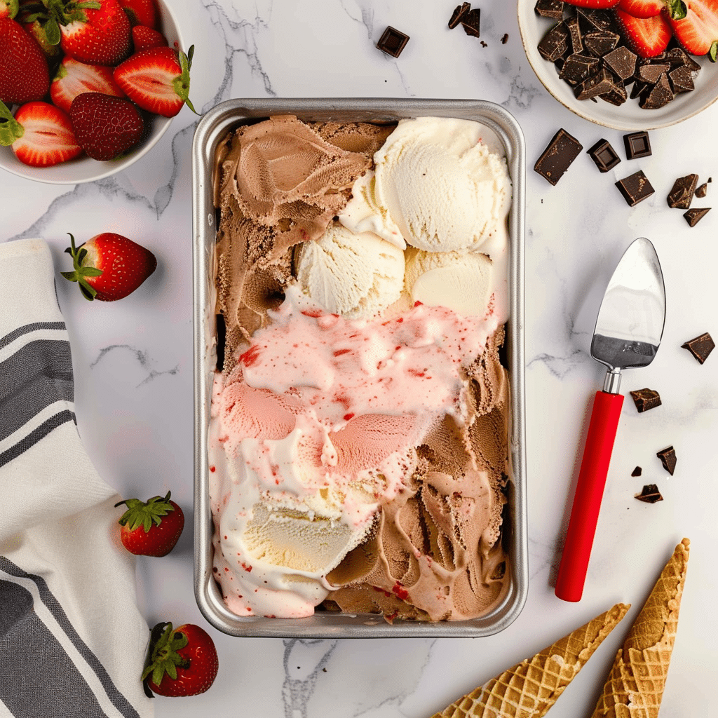 Pan of chocolate, Ice Cream Chocolate Vanilla and Strawberry with cones