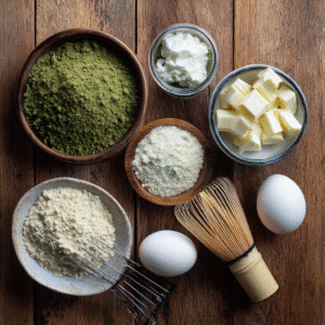 Bowls of matcha powder flour sugar eggs and butter on wood surface