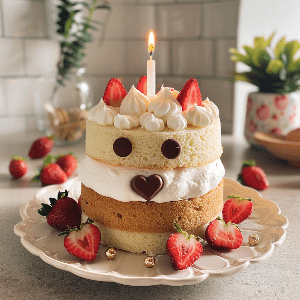 Jellycat cake decorated with strawberries, whipped cream, and chocolate face details